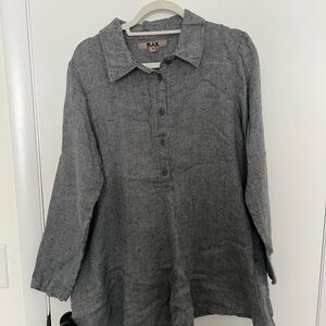Flax Linen Gray Button-Up Tunic Shirt Dress